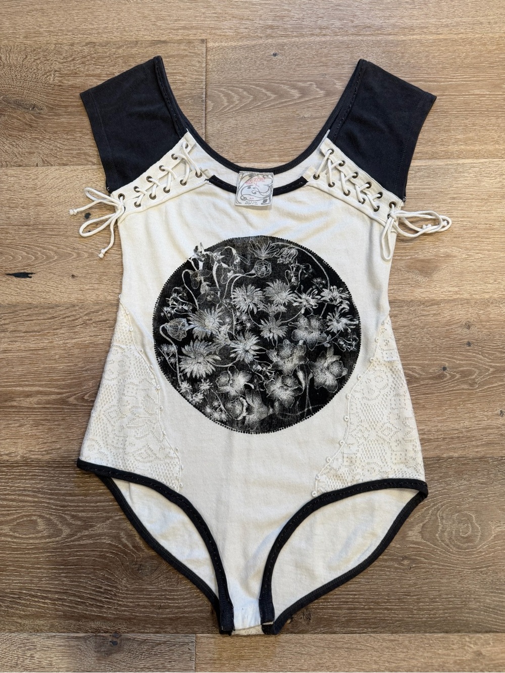 Boho Floral Lace-Up women’s One-Piece in Cream and Black